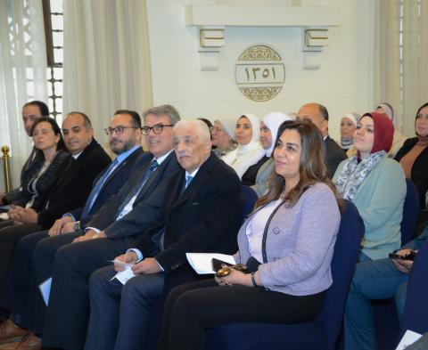 Dr. Manal Awad, Minister of Local Development, in attendance, Dr, Tarek Shawki, University Counselor, and Dr. Mahmoud Allam, Dean, AUC's School of Continuing Education